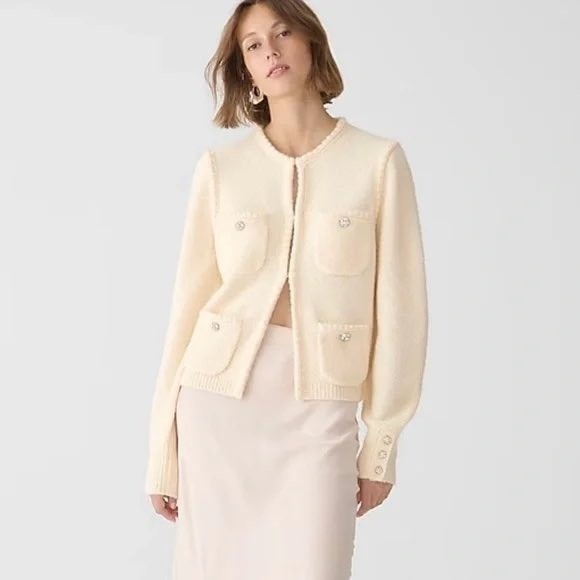 J.Crew Women's Odette Sweater Lady Jacket Jewel Buttons Cream Textured Knit-‎ XS